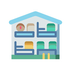 Cartoon Bunk Beds in a Dorm Room with Pillows and Linens