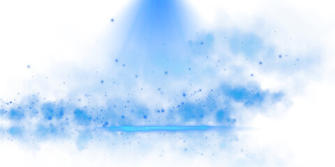 A glowing blue spotlight illuminates a misty atmosphere with sparkling particles, evoking a cosmic feel.