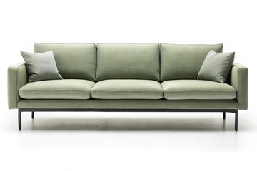 Fototapeta premium Modern Green Fabric Sofa with Minimalist Design and Decorative Cushions.