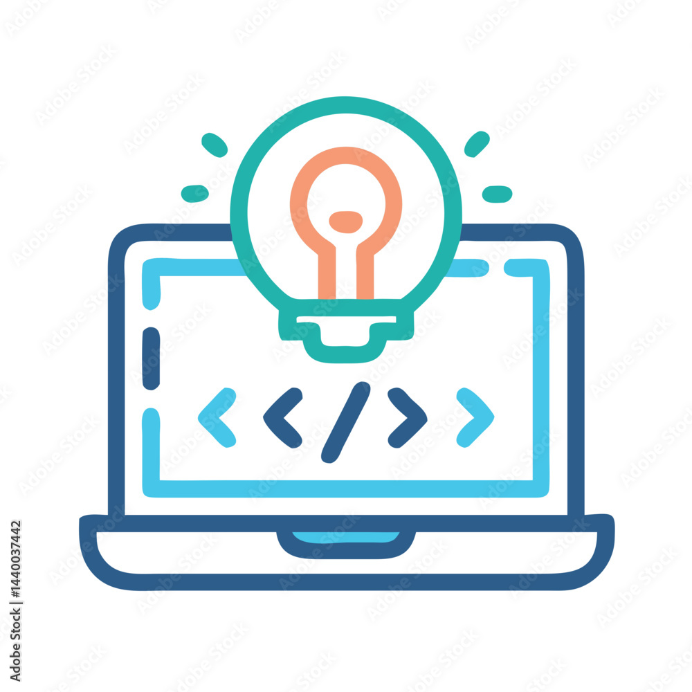 Poster creative coding ideas: lightbulb over laptop with html tags on screen