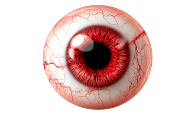 Realistic Close-up of a Bloodshot Human Eye with Red Veins Isolate on Transparent Background, cutout, png