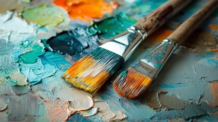 Fototapeta premium Colorful Paint Palette with Brushes Captured in Artistic Close-Up