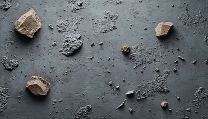 Top-down view of irregular-shaped rocks and fragments on a dark gray surface.