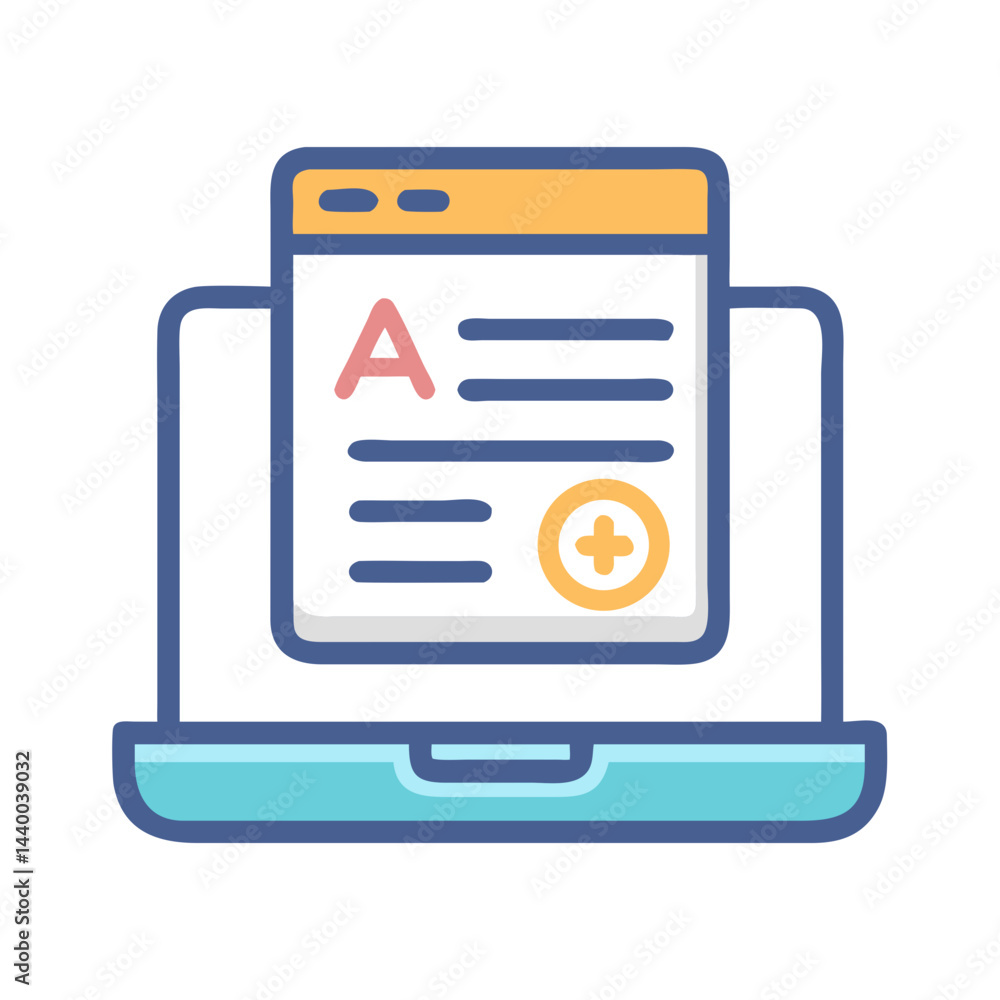 Poster laptop with document icon for content creation or online learning concept