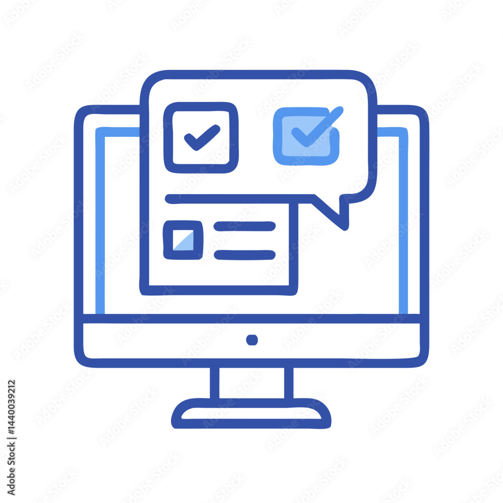 Poster online survey with checkmarks on computer screen: feedback form vector icon