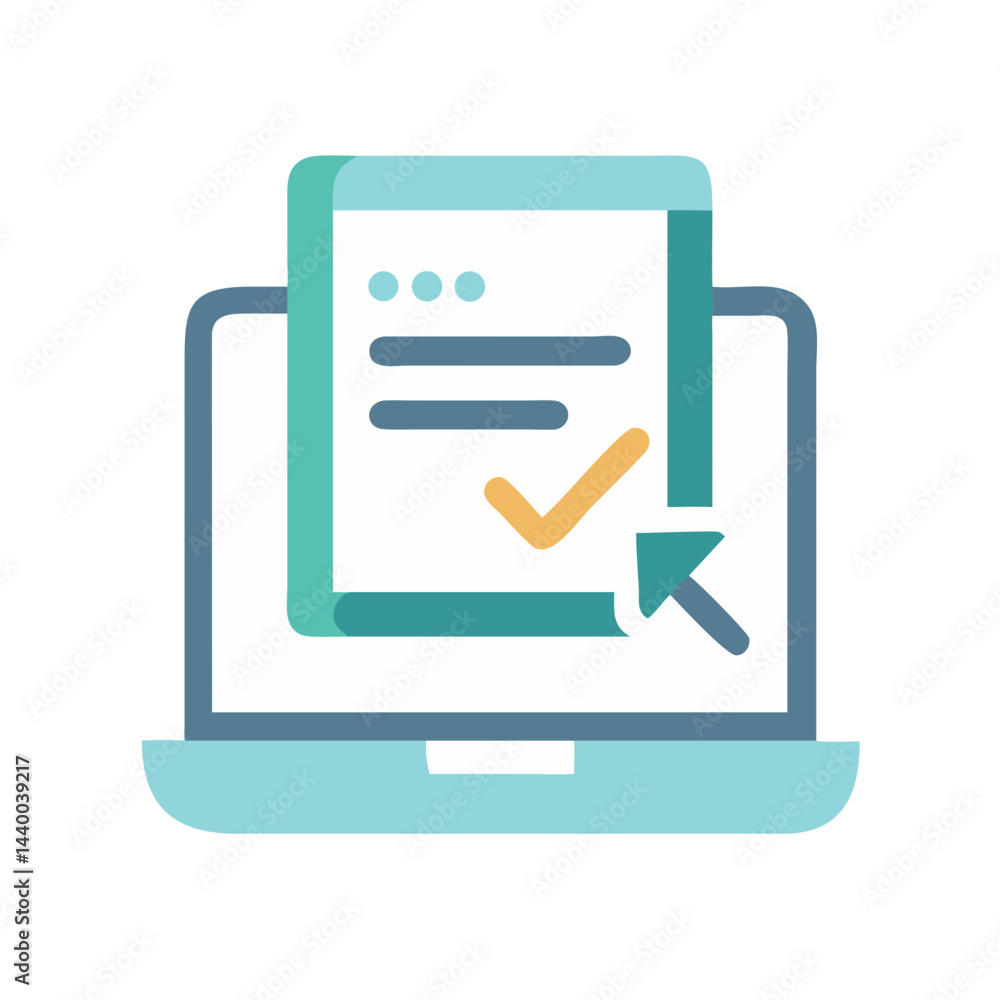 Poster online form submission with checkmark and computer icon, flat design