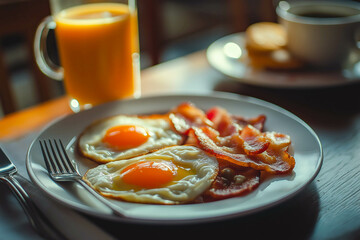 English breakfast on a dark table. fried eggs with bacon canned beans and sausage. near coffee, orange juice and pancakes with butter and honey