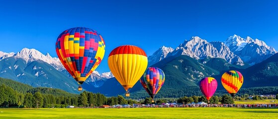Fototapeta premium A group of hot air balloons flying over a field with mountains in the background