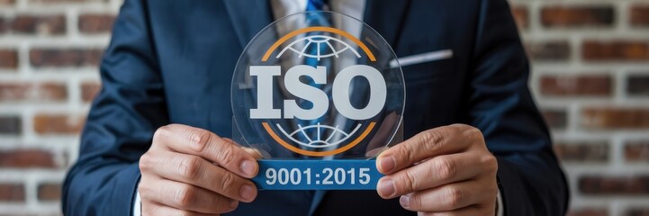 Businessperson holding iso 9001:2015 certification award