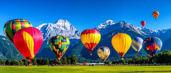 Obraz premium A group of hot air balloons flying over a field with mountains in the background