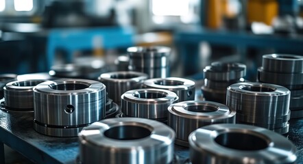 Precision-machined circular metal components on a blue workbench in an industrial workshop.