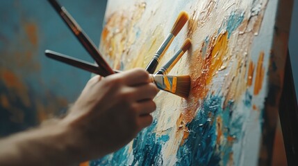 Artist Hand Holding Brush Creating Abstract Painting on Canvas