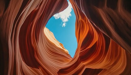 Obraz premium View from below of a winding slot canyon with smooth red-orange rock formations and blue sky.
