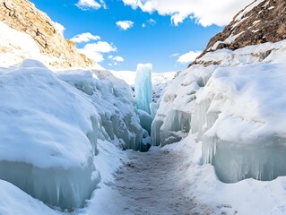 Majestic Ice Canyon Pathway Winter Wonderland Scene with Stunning Blue Ice Formations