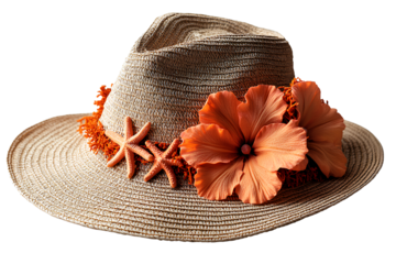 Beige straw hat with orange starfish decoration, isolated on a transparent background