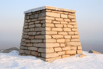 Stone Cairn on Snowy Mountaintop Winter Landscape Icy Cap and Scenic View