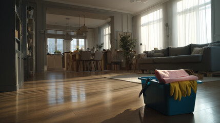 Bright open space living area featuring blue cleaning bucket filled with gloves and cloths for cleaning concept