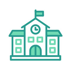 Teal Cartoon Schoolhouse with Clock, Flag, and Rectangular Windows on Black