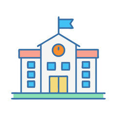 Colorful School Building Vector Illustration with Flag and Clock Design