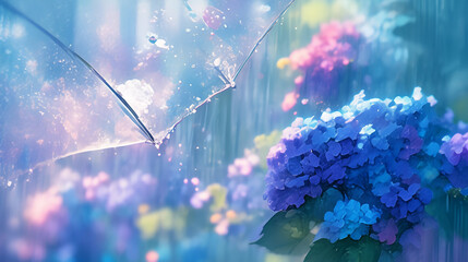 雨の中のあじさいイラスト　generative ai