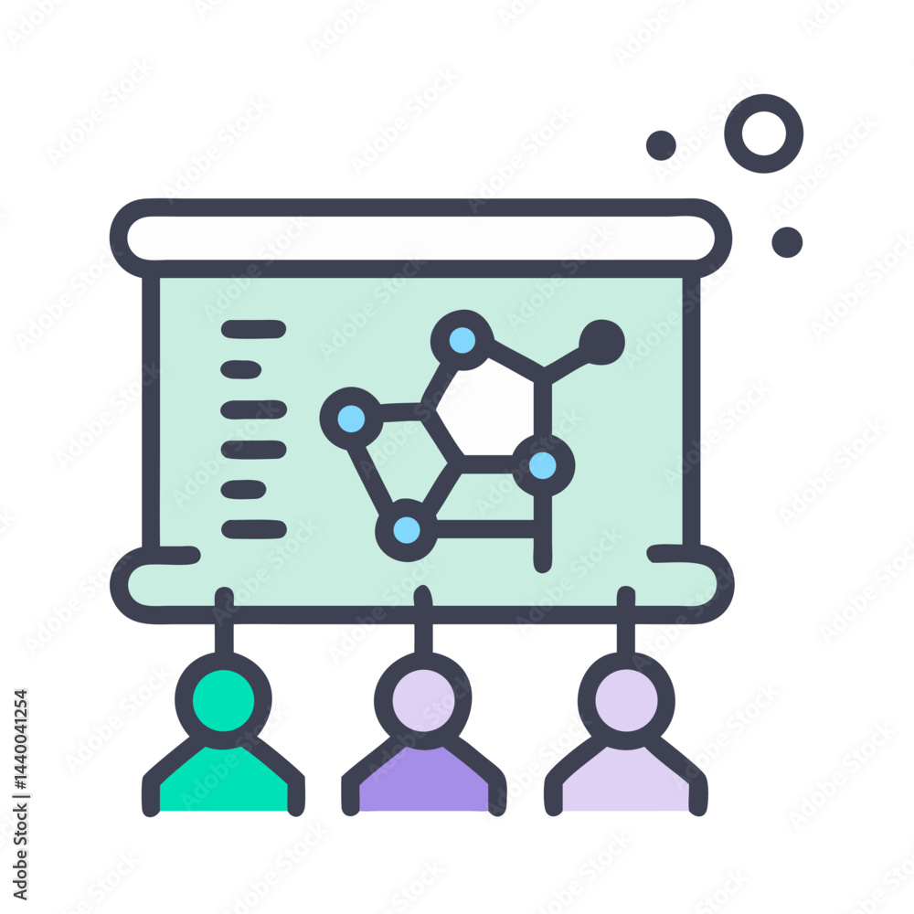 Poster presentation of scientific data with team in minimalist flat vector design