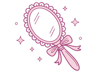 Obraz premium Pink Scalloped Hand Mirror with Bow and Sparkles Illustration