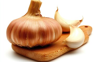 Close Up Still Life Garlic Bulb and Cloves on a Wooden Cutting Board