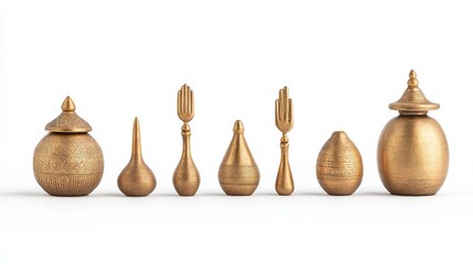 Intricate Collection of Thai Dance Accessories in Various Golden Shapes Displayed on White Background