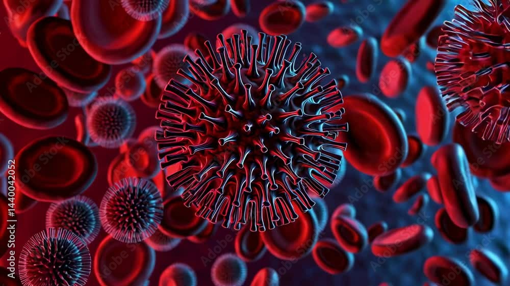 Poster microscopic visualization revealing viral invasion process, showing pathogenic microorganism penetra
