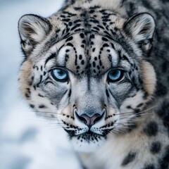 Fototapeta premium A stunning closeup of a Snow Leopard in its natural habitat revealing its thick spotted fur powerful jawline and piercing icy blue eyes The cold mountainous 