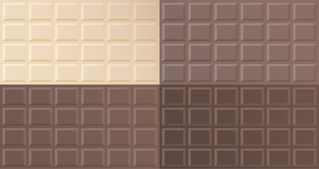 Set of chocolate pattern, background, cover poster. Milk chocolate, white chocolate and dark chocolate blocks.