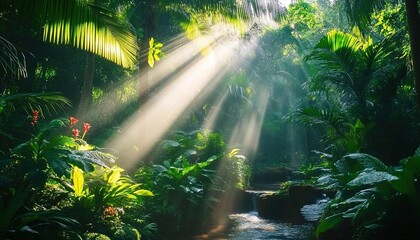Sunlit tropical rainforest with stream, palm leaves, orange flowers, and lush greenery.