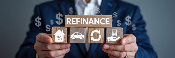 Businessperson holding wooden blocks spelling refinance