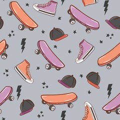 skateboard pattern. Seamless bright abstract pattern with skateboard. Prints for T-shirts, textiles, clothes, sports, and more