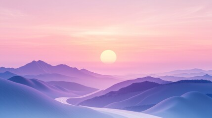 Serene Landscape of Misty Mountains During Sunrise with Soft Pink and Lavender Hues in the Sky