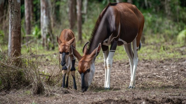 Bongo Pair Grazing in the Forest Undergrowth