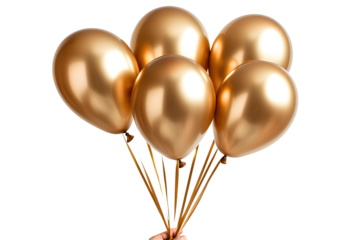 Gold balloon bouquet, gold balloons for party decoration, isolated on a transparent background