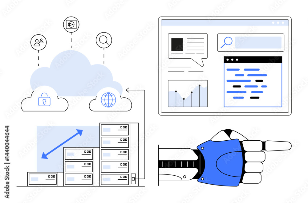 Poster robotic hand points at analytics screen. cloud computing symbols, servers, growth chart. ideal for a