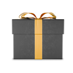 Dark gift box with gold ribbons. Christmas gift. Sale. Black gift box with gold ribbon symbolizing luxury and celebration. Gift certificate. Valentine's Day gift box. Transparent background. 3d render