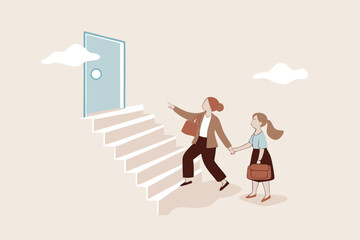 Employee encouragement, manager advice, guidance, stairway to success or new opportunity, career development concept, supportive businesswoman manager encourage employee to step on stair to success.