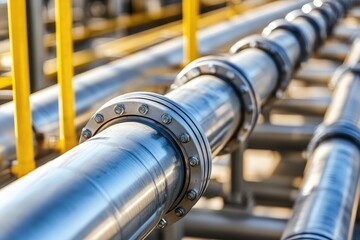 Close-up of Metallic Industrial Piping with Flanges and Support Structures