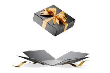Gift certificate. Valentine's Day. Open dark gift box with gold ribbons. Christmas gift. Sale. Open dark gift box with gold ribbon symbolizing luxury and celebration. Transparent background. 3d render