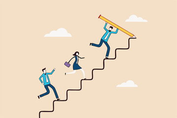 Leader to guide team to achieve success, manager to develop career path or improvement plan, growth or progress concept, businessman leader draw stair with pencil to lead team walk up to target.