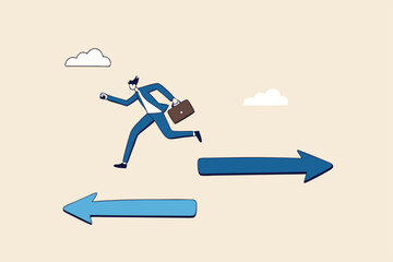 Change career, decide to go different path or direction, challenge to find new way or opportunity, progress to other choice or journey concept, businessman change from arrow sign to other direction.