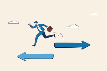 Change career, decide to go different path or direction, challenge to find new way or opportunity, progress to other choice or journey concept, businessman change from arrow sign to other direction.
