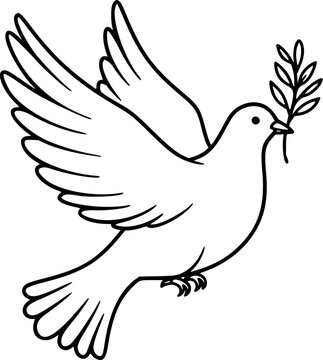 a black and white vector logo outline of a peace dove carrying an olive branch icon