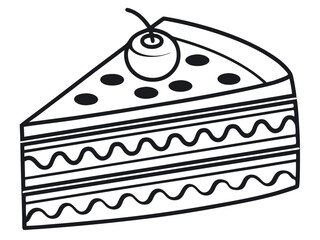 Black and White Cake Slice Illustration with Cherry Topping