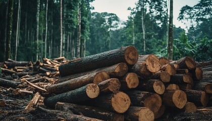 Pile of felled logs in dense forest with tall trees and cloudy sky.