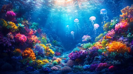 Vibrant Underwater Scene with Jellyfish and Colorful Coral Reefs