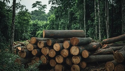 Pile of felled logs in dense forest with tall trees and cloudy sky.